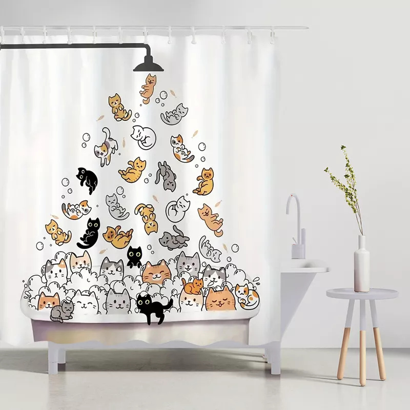 Charming Cat Print Shower Curtain Set - Image 2