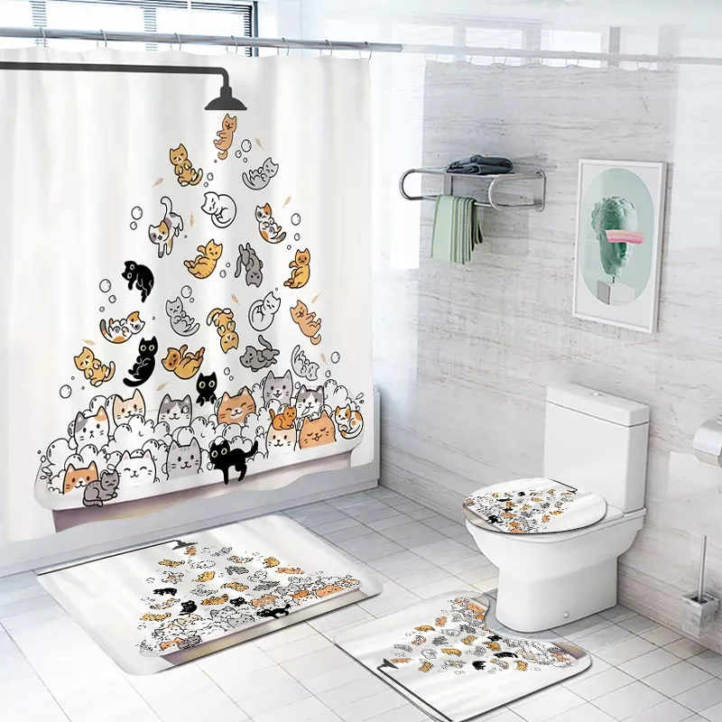 Charming Cat Print Shower Curtain Set - Image 3