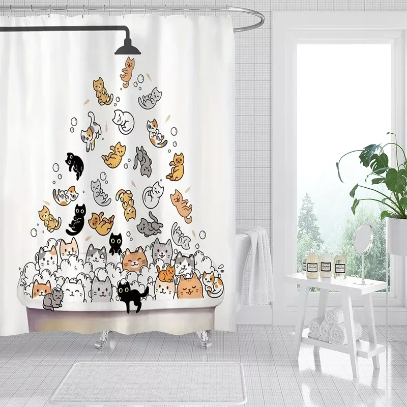 Charming Cat Print Shower Curtain Set - Image 4