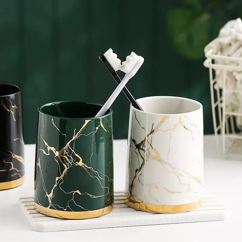 Elegant Marble Ceramic Bathroom Cup Set - Image 6