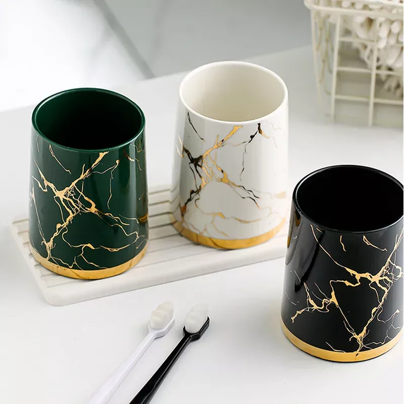 Elegant Marble Ceramic Bathroom Cup Set - Image 2