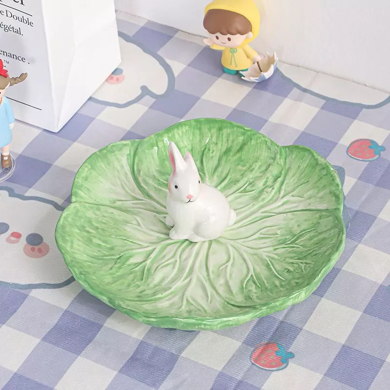 Japanese Pink & Green Rabbit Ceramic Cabbage Bowl - Image 5