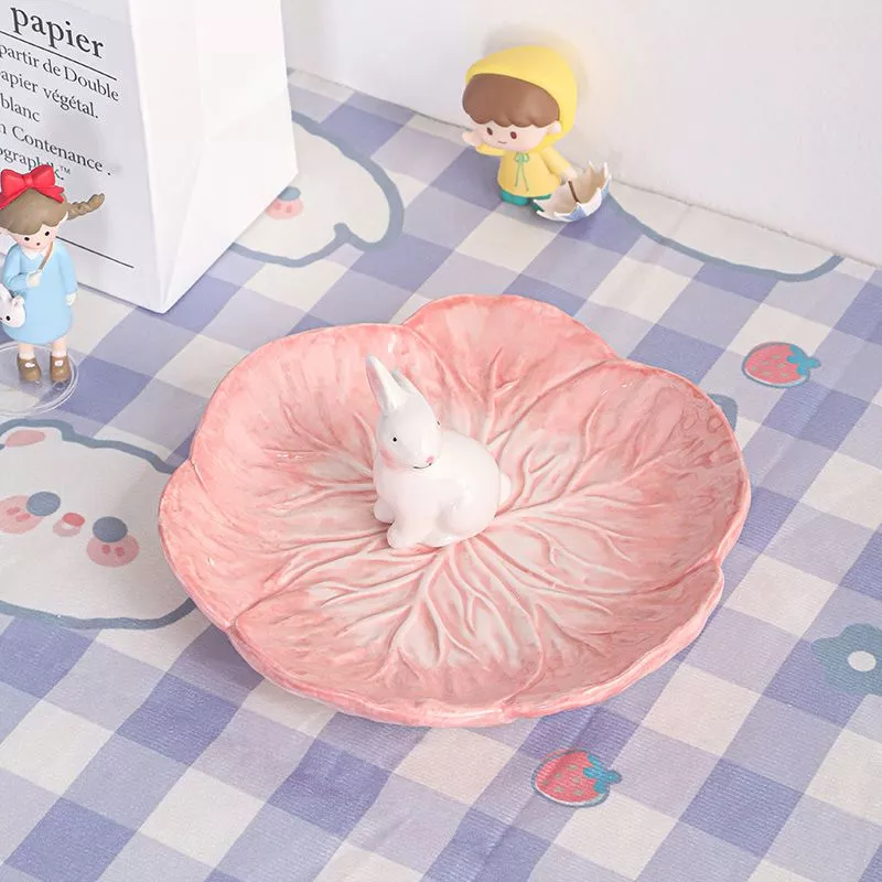 Japanese Pink & Green Rabbit Ceramic Cabbage Bowl - Image 6