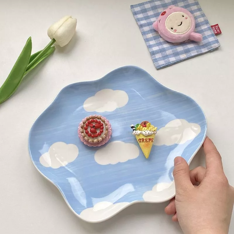 Hand-Painted Blue Sky & Clouds Ceramic Plate - Image 7