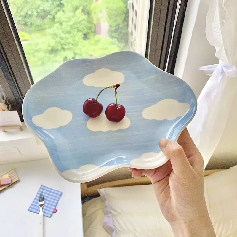 Hand-Painted Blue Sky & Clouds Ceramic Plate - Image 3