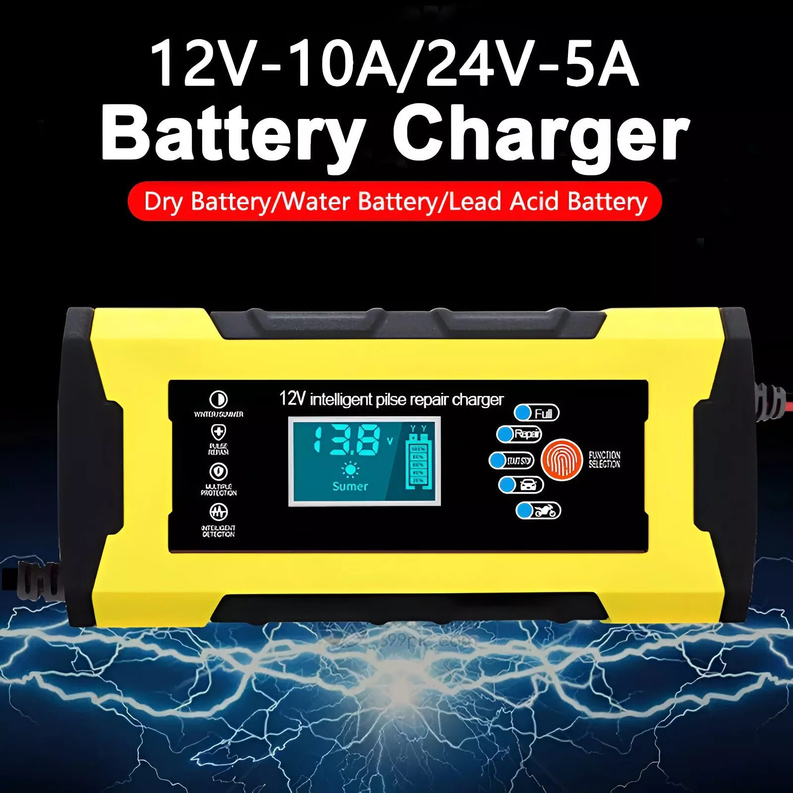 12V/24V Smart Battery Charger - 10A/5A Fast Charger with LCD Display & Pulse Repair - Image 2