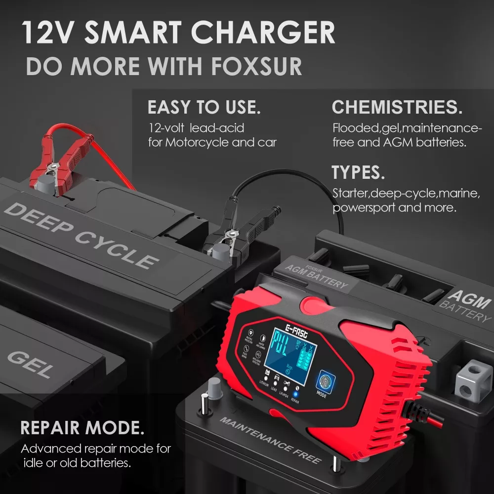 12V 6A Smart Pulse Repair Battery Charger with LCD Display for Cars & Motorcycles - Image 2