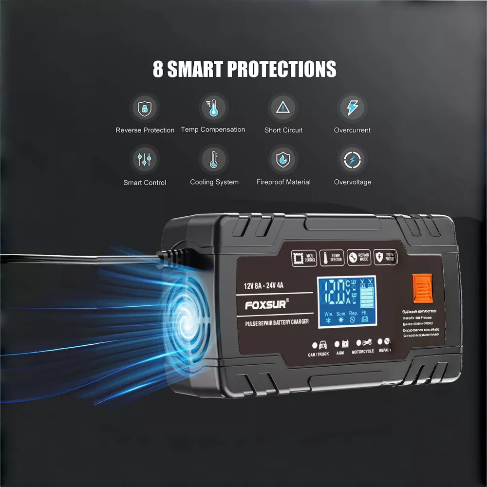 12V 8A Automatic Car Battery Charger with Digital Display - Smart Pulse Repair - Image 3