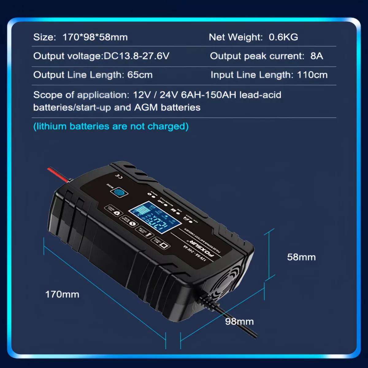 12V 8A Automatic Car Battery Charger with Digital Display - Smart Pulse Repair - Image 6