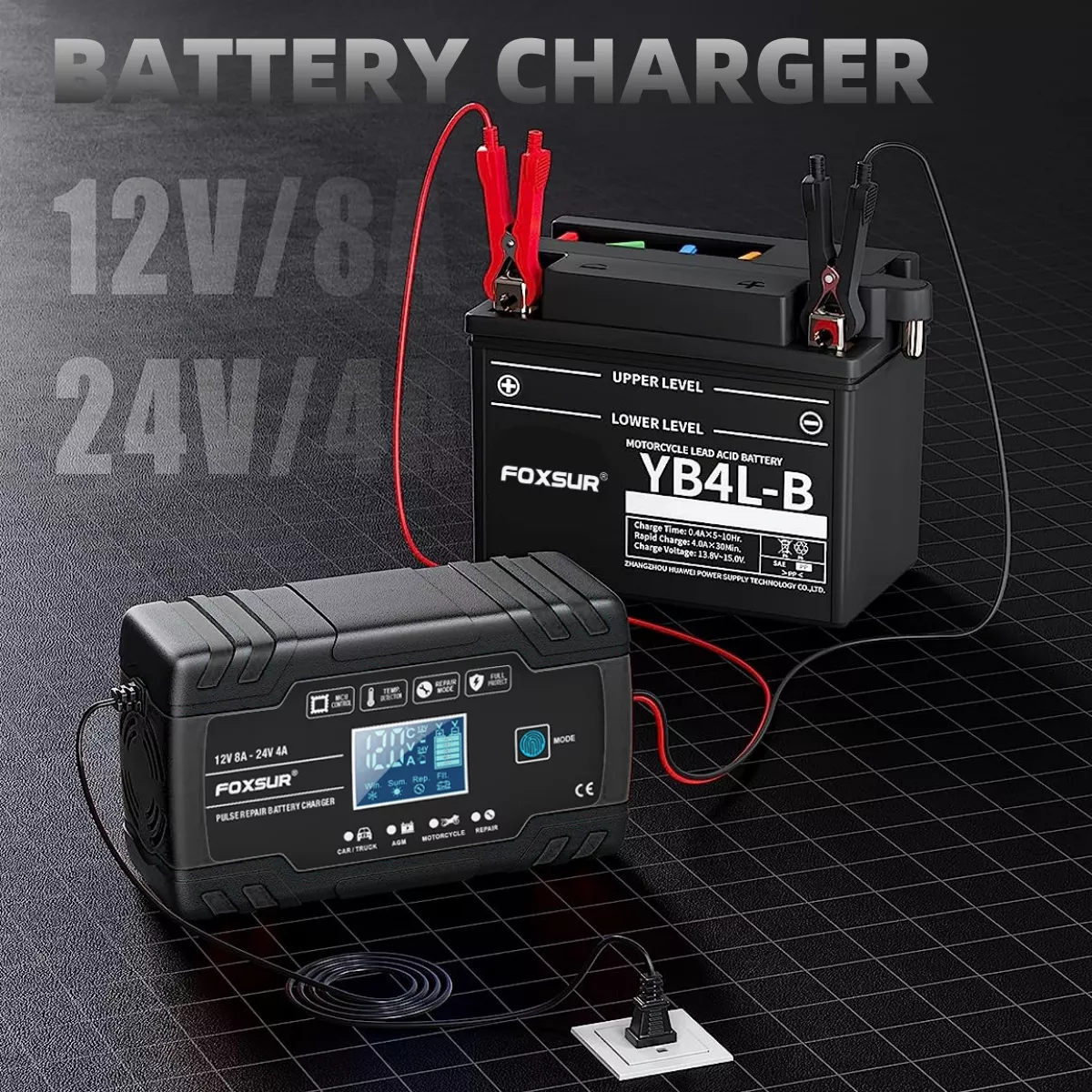 12V 8A Automatic Car Battery Charger with Digital Display - Smart Pulse Repair - Image 2