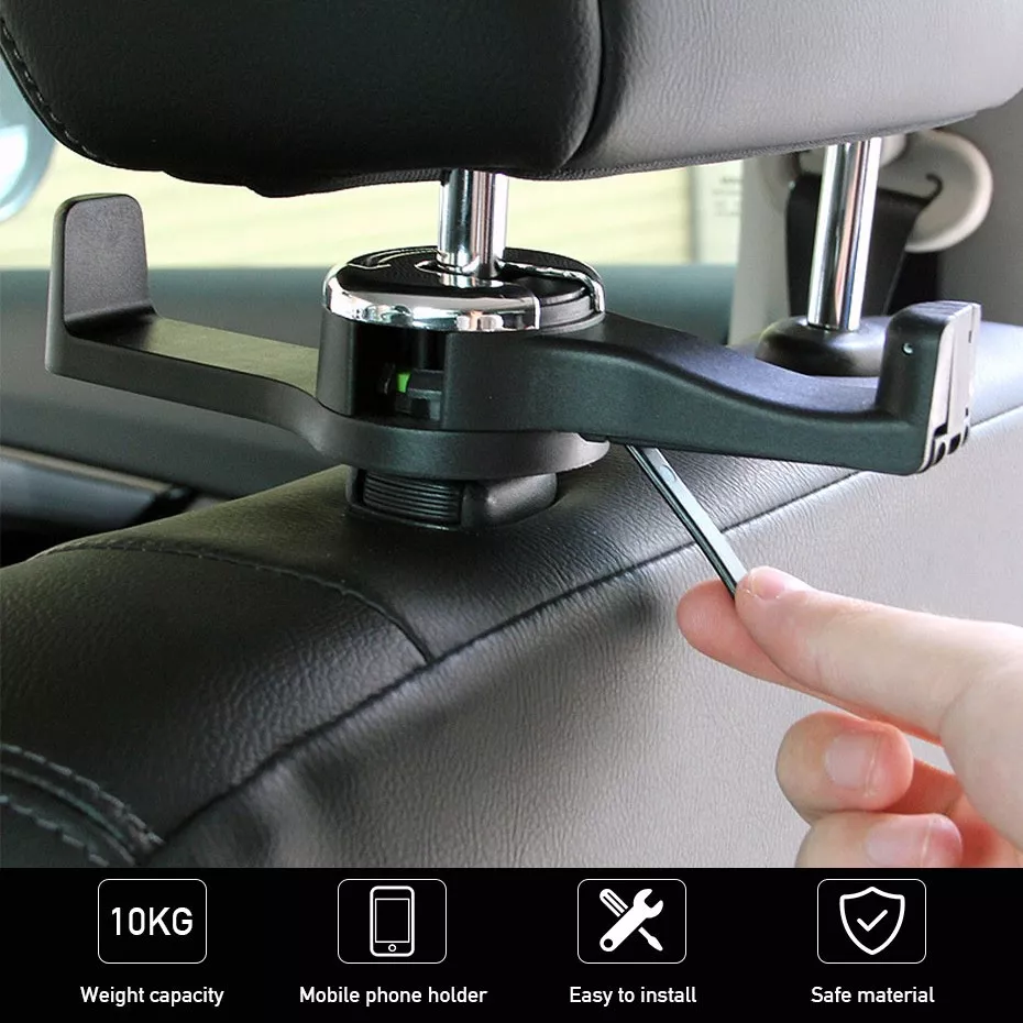 Universal Foldable Car Headrest Hook with Phone Holder for Bags and Clothes - Image 2
