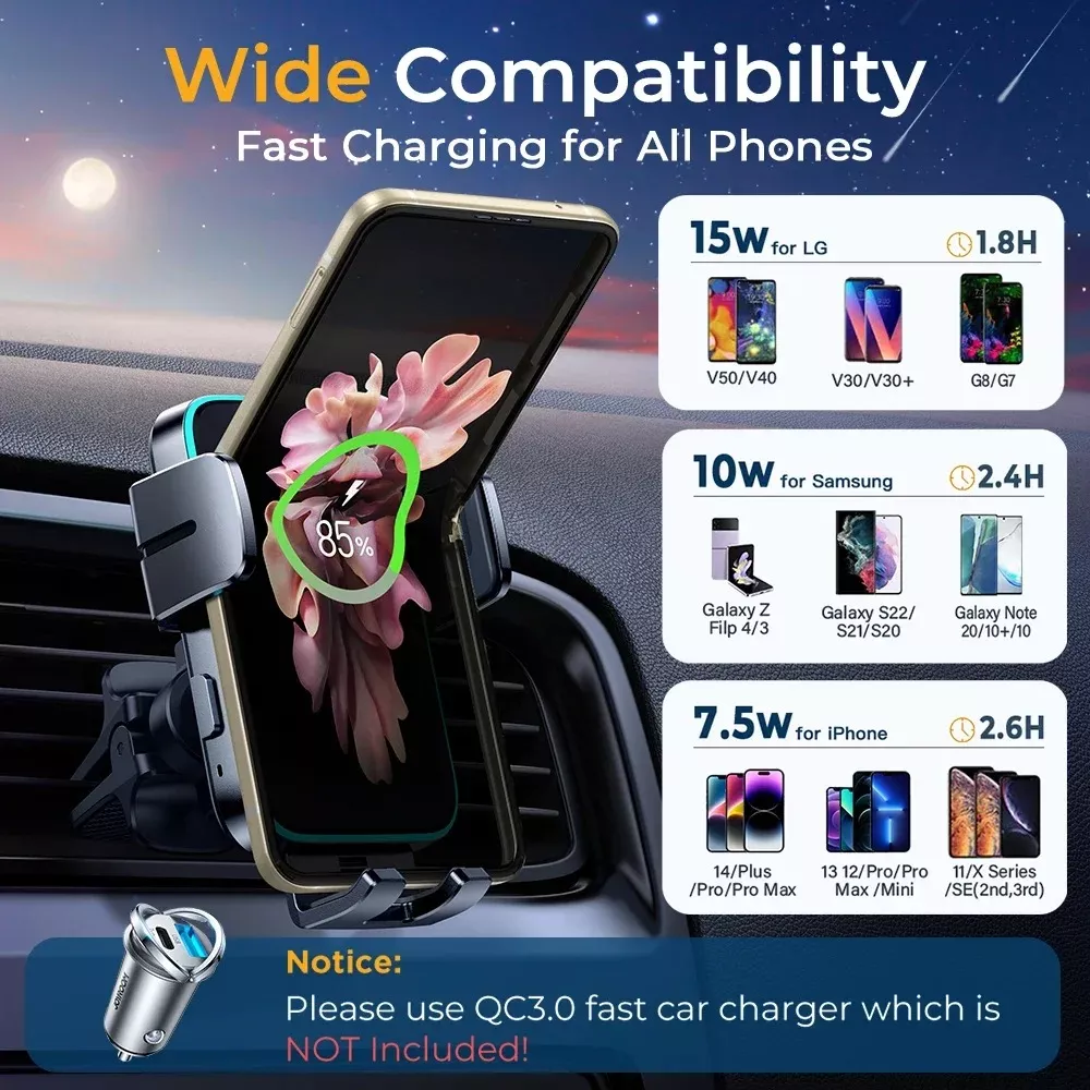 15W Wireless Car Charger and Phone Mount, Auto-Clamping for iPhone, Samsung - Image 6