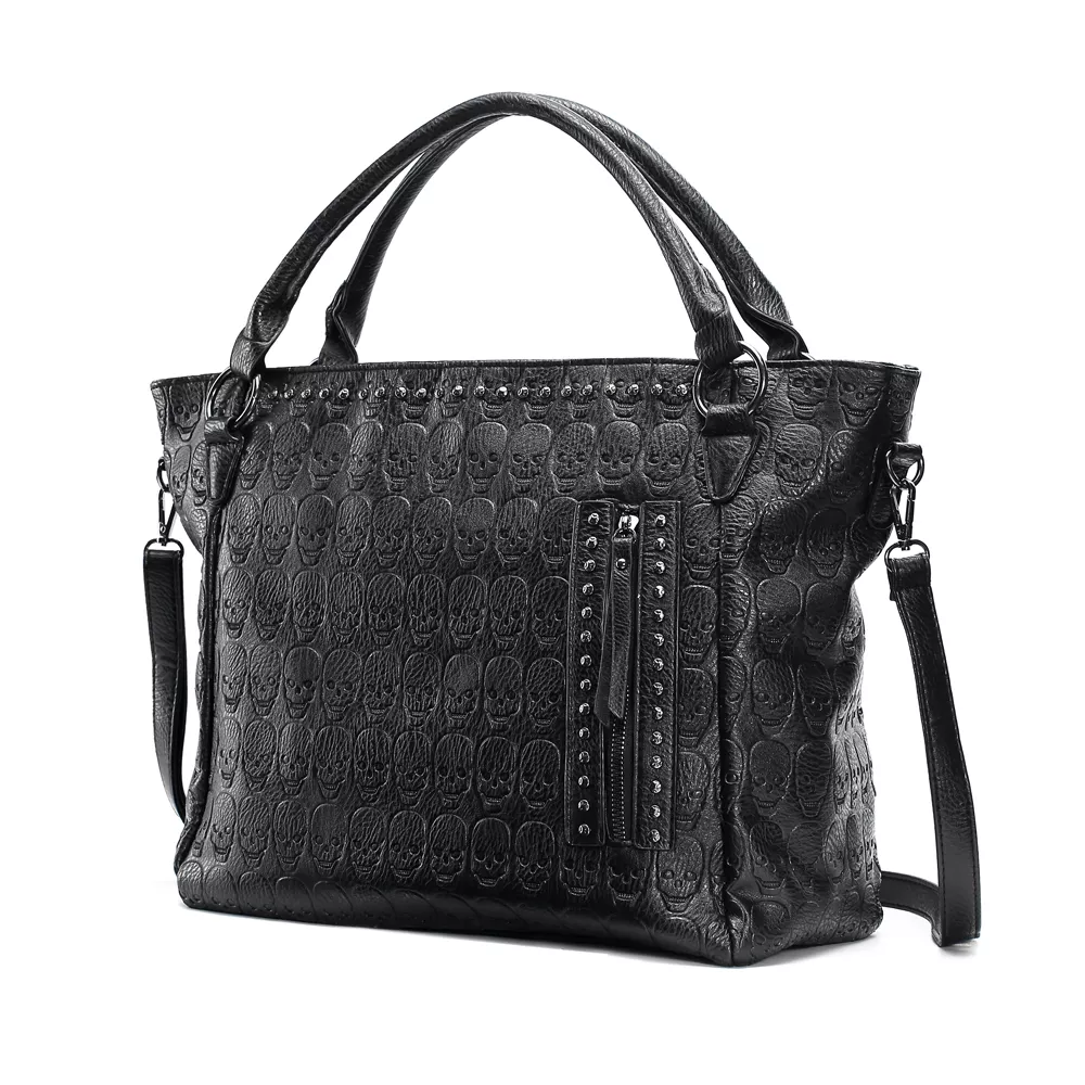 Women’s Large Capacity Black Skull Tote Bag with Crossbody Option - Image 3