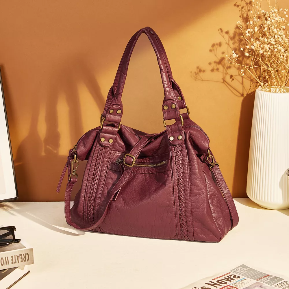 Elegant Washed Leather Large Hobo Bag with Crossbody Strap - Image 7