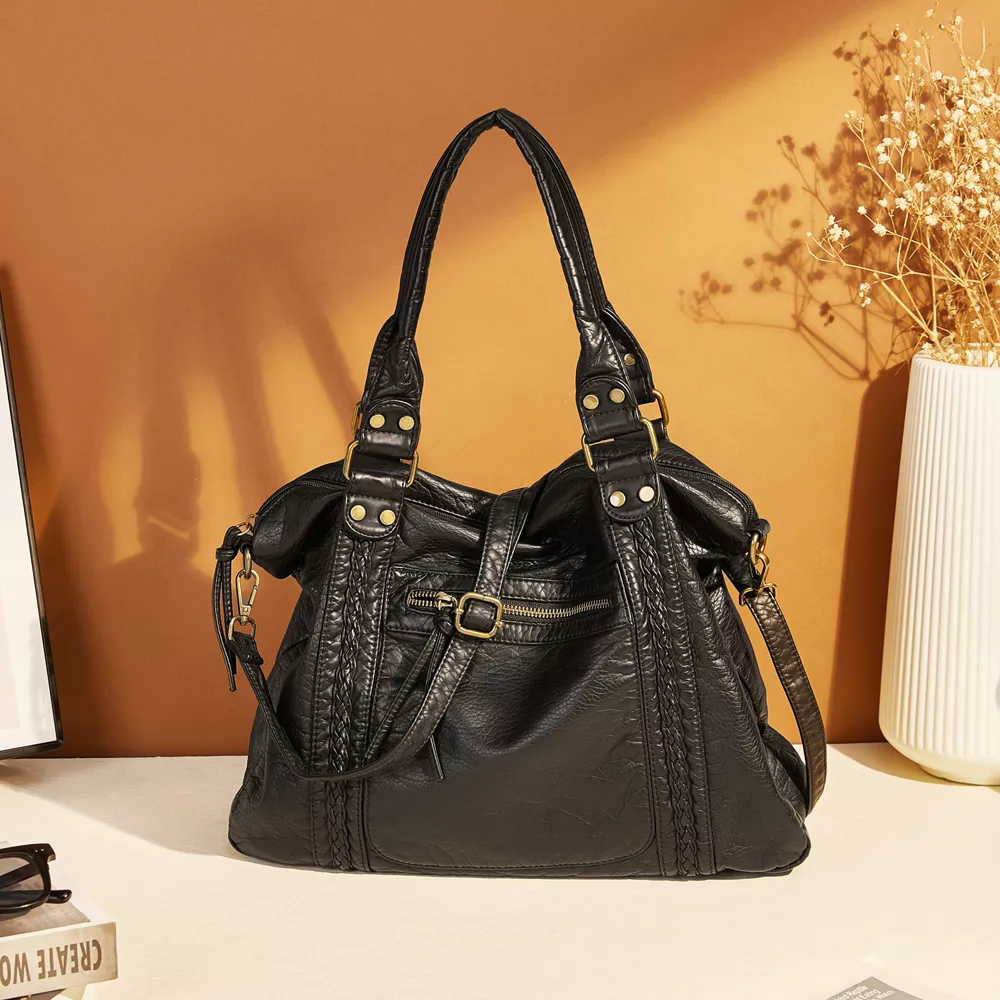 Elegant Washed Leather Large Hobo Bag with Crossbody Strap - Image 2