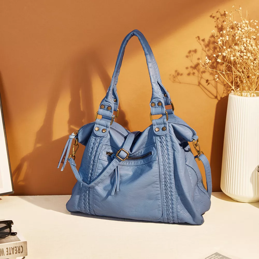 Elegant Washed Leather Large Hobo Bag with Crossbody Strap - Image 8