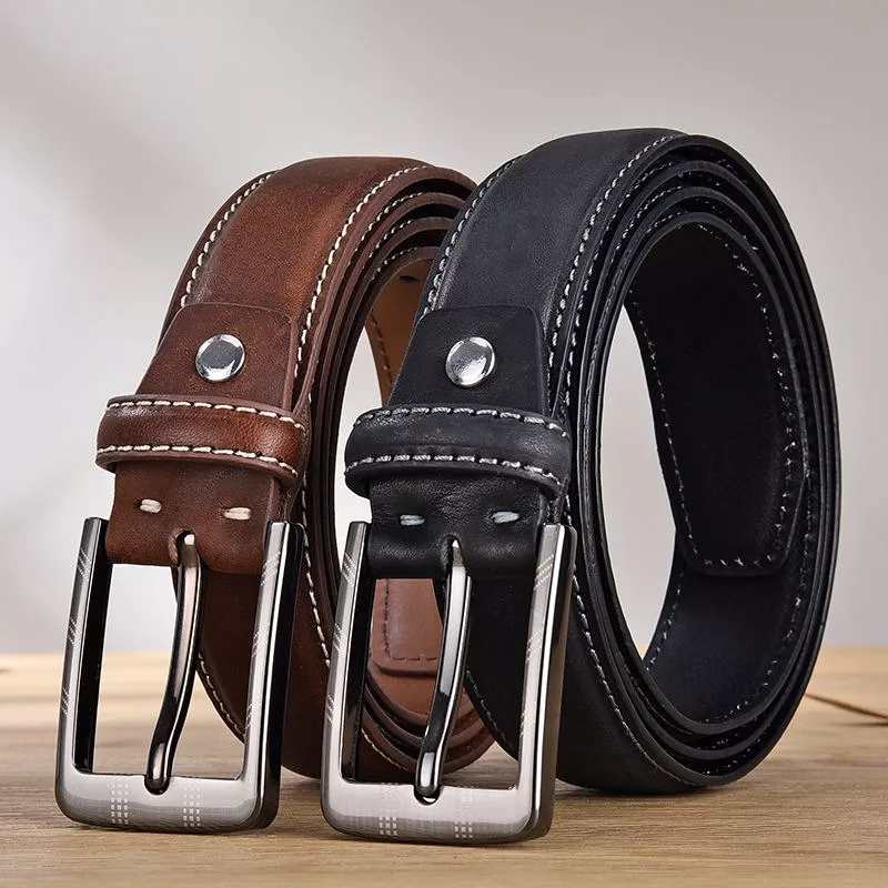 Genuine Leather Casual Belt for Men with Vintage Pin Buckle - Image 2