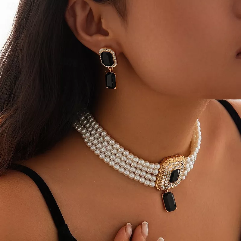 Elegant Multilayer Pearl Chain Necklace & Rhinestone Earrings Set - Image 4