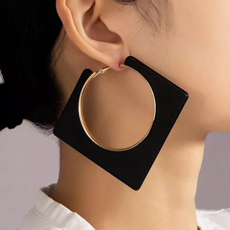 Trendy Acrylic Black Leopard Print Square Hoop Earrings - Image 3