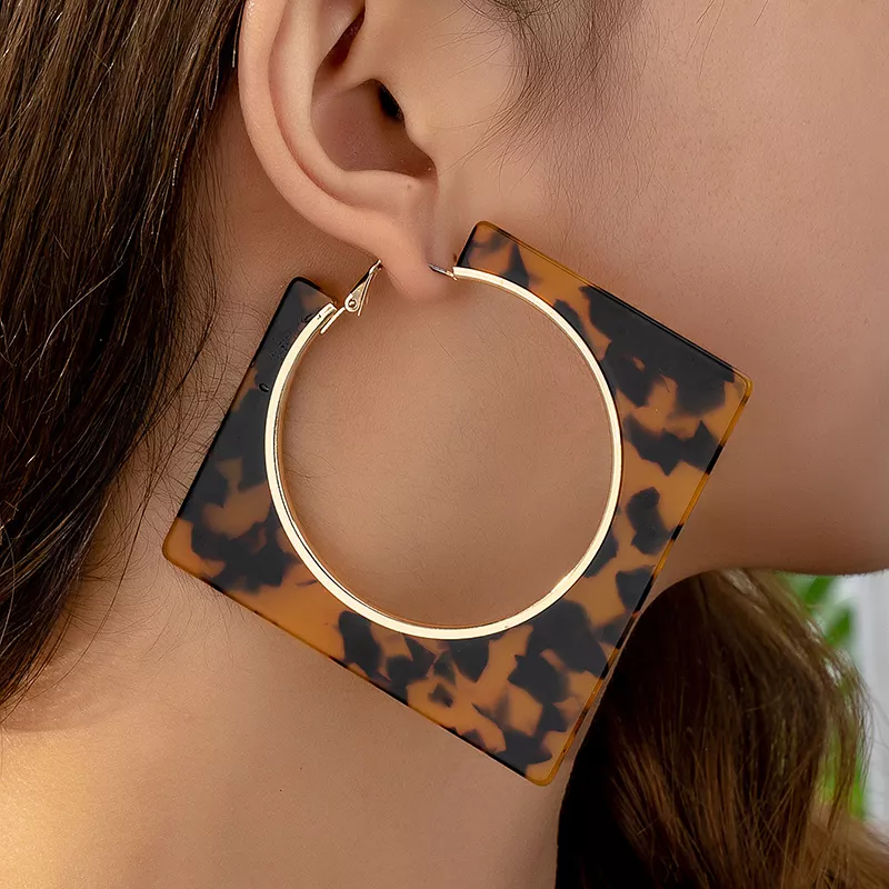 Trendy Acrylic Black Leopard Print Square Hoop Earrings - Image 2