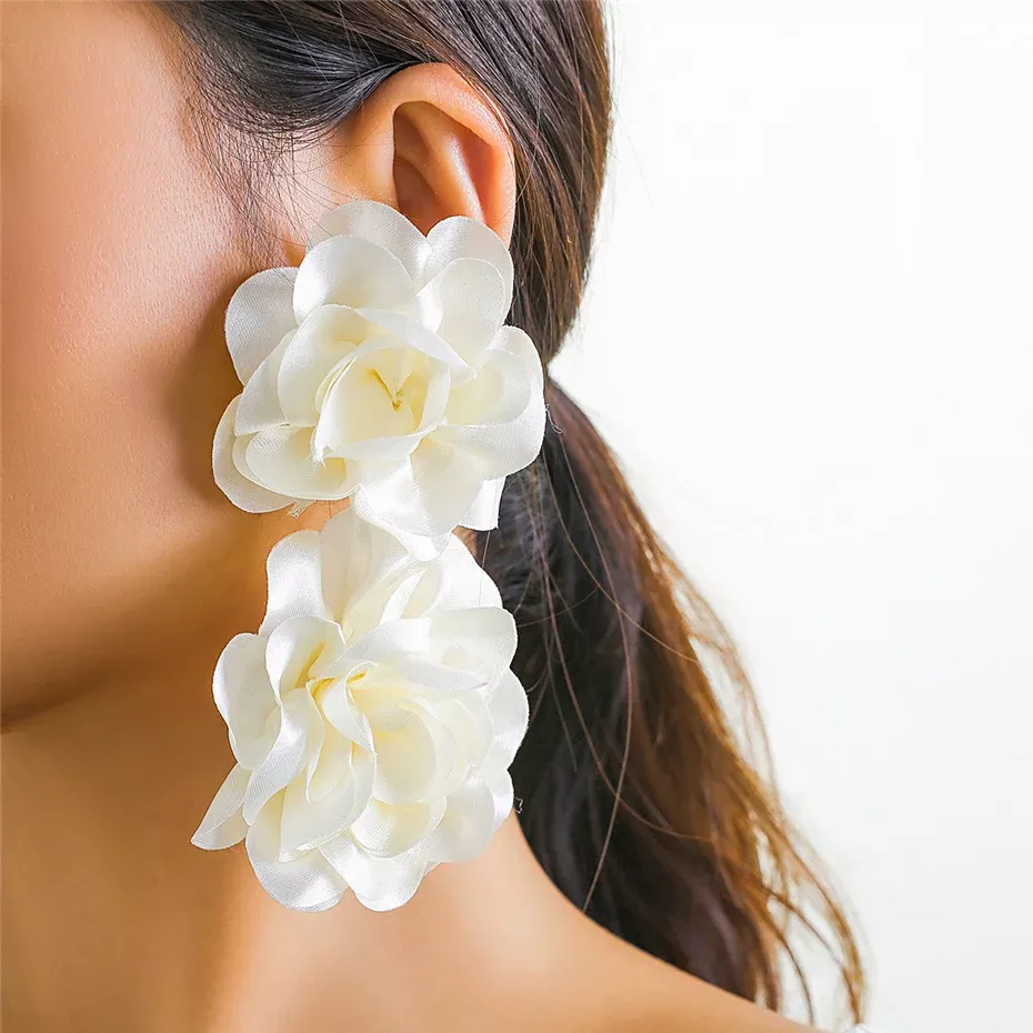 Elegant Oversized Fabric Flower Drop Earrings - Image 3