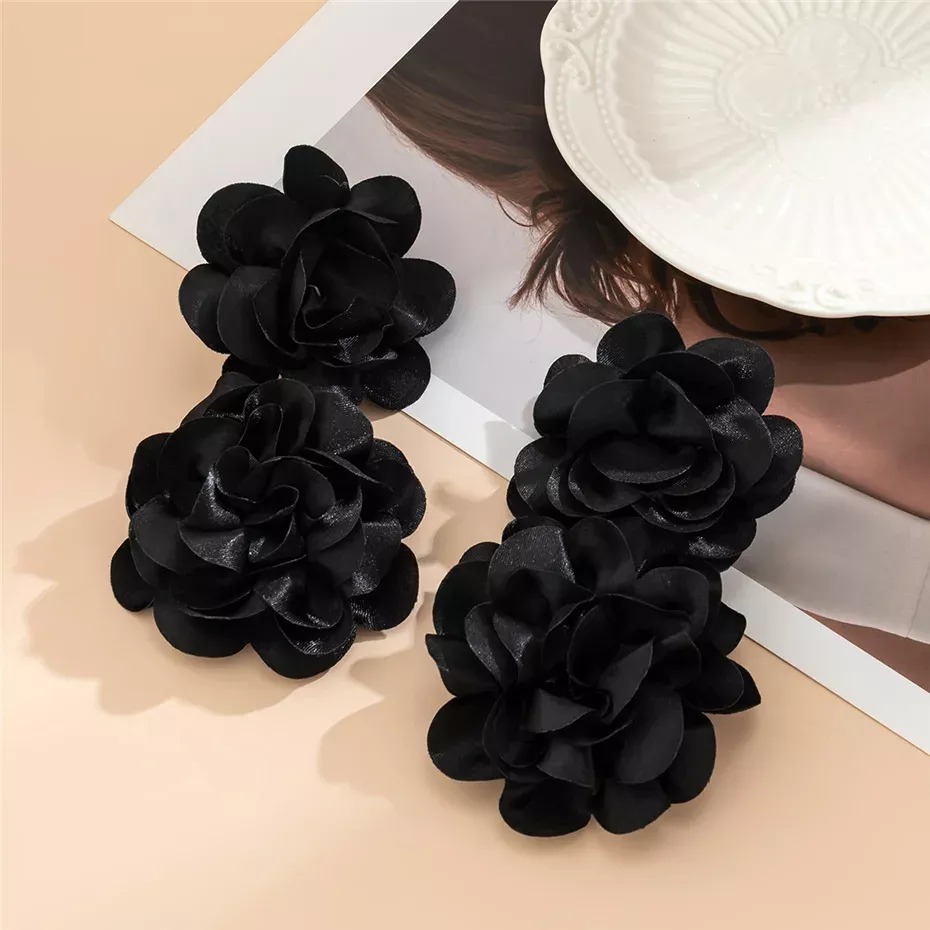 Elegant Oversized Fabric Flower Drop Earrings - Image 5