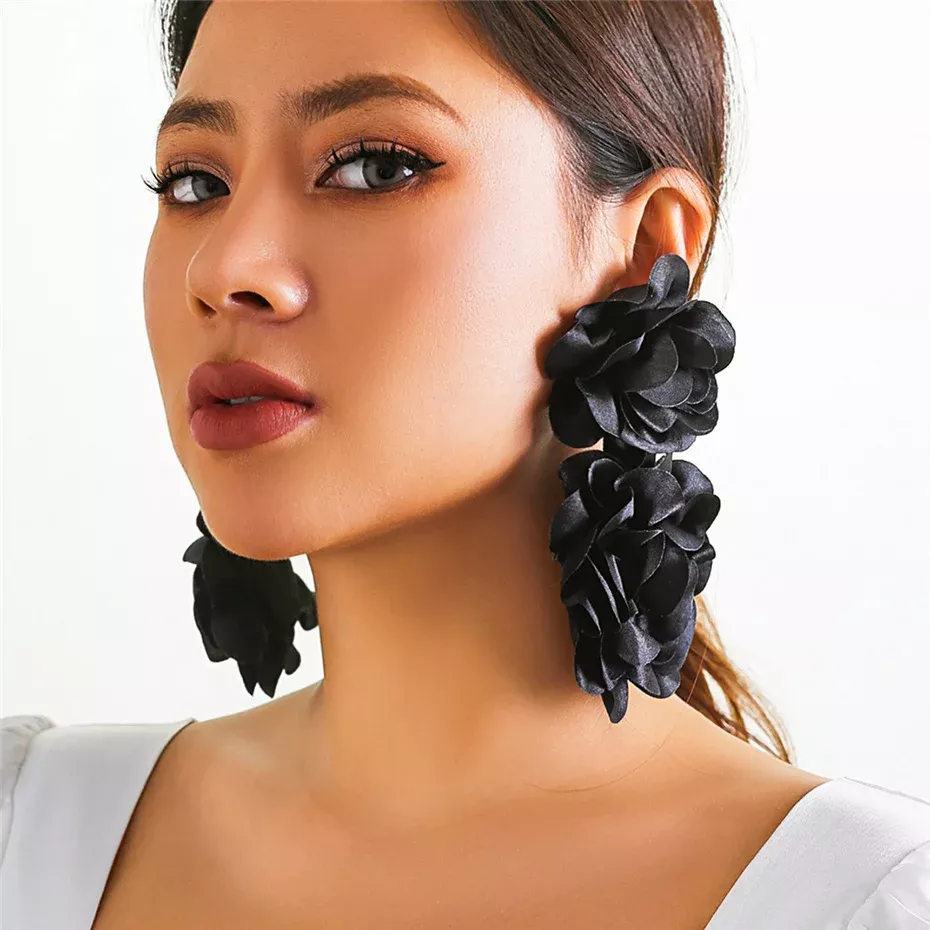 Elegant Oversized Fabric Flower Drop Earrings - Image 2