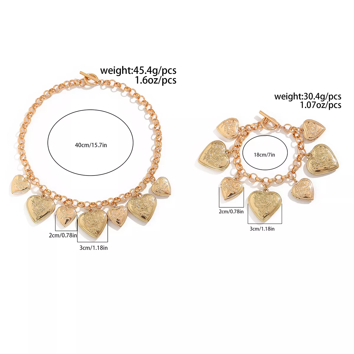 Vintage Cuban Chain Necklace and Heart Pendant Bracelet Set - Image 6