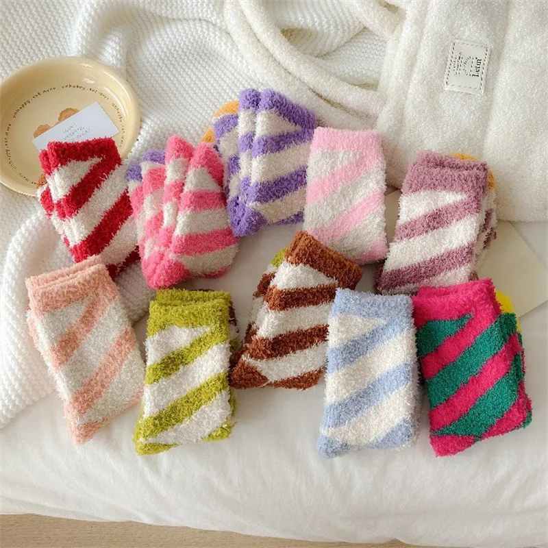 Striped Coral Velvet Winter Socks - Image 4