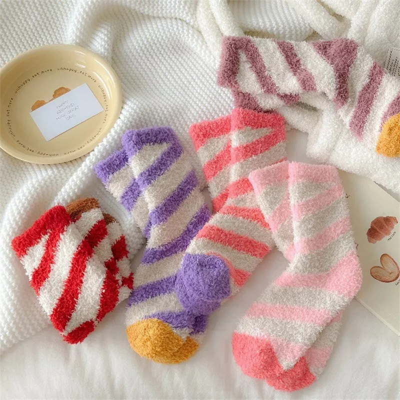 Striped Coral Velvet Winter Socks - Image 5