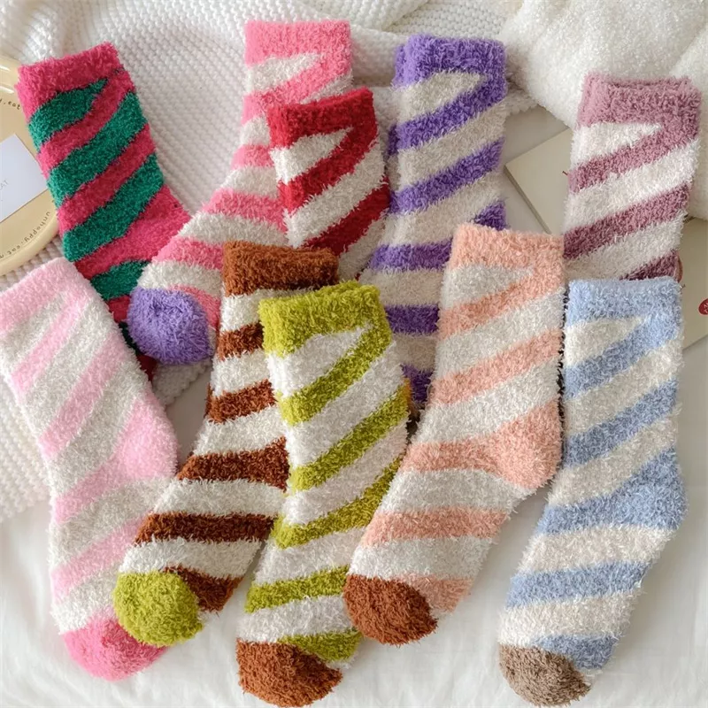 Striped Coral Velvet Winter Socks - Image 2