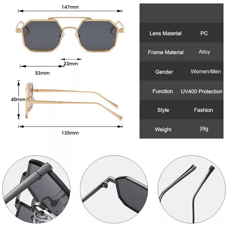 Retro Double Bridge Square Metal Sunglasses - Image 6