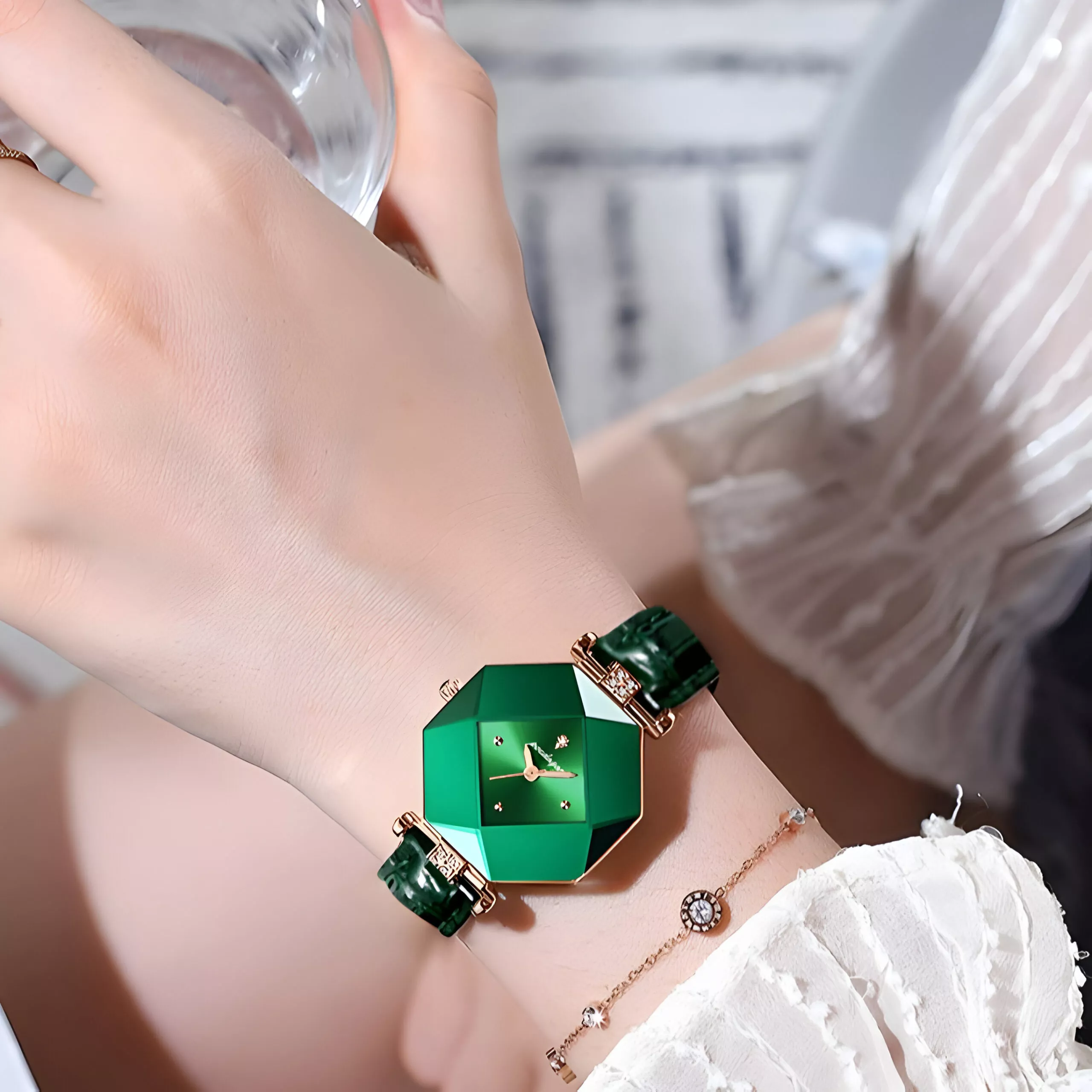High Quality Luxury Diamond Women's Watch - Green Leather, Waterproof, Exquisite Design - Image 4