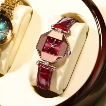 Luxury Square Diamond Wine Red Leather Waterproof Ladies Watch