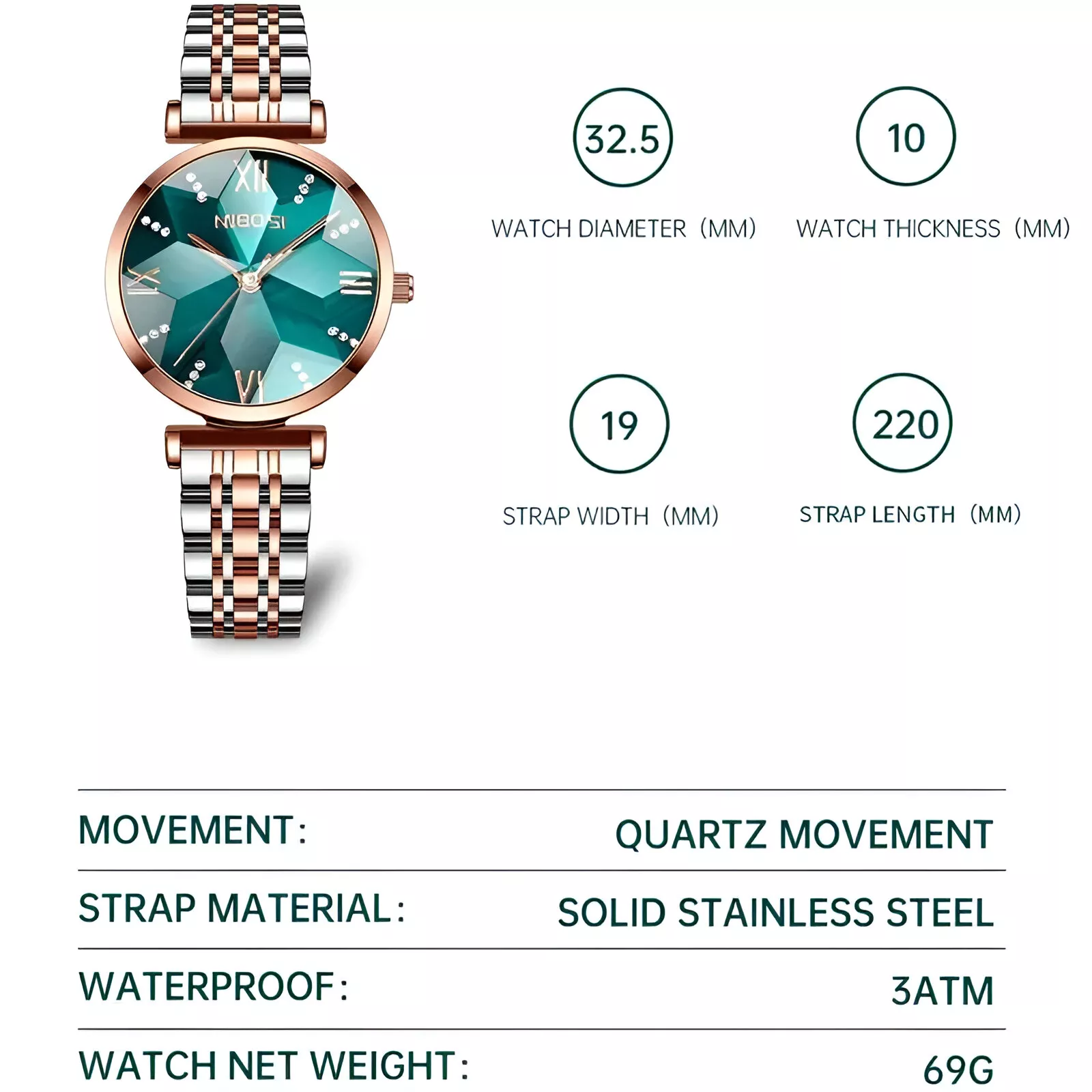 Rose Gold Watch with Diamond Accents, Waterproof Analog Wristwatch - Image 7