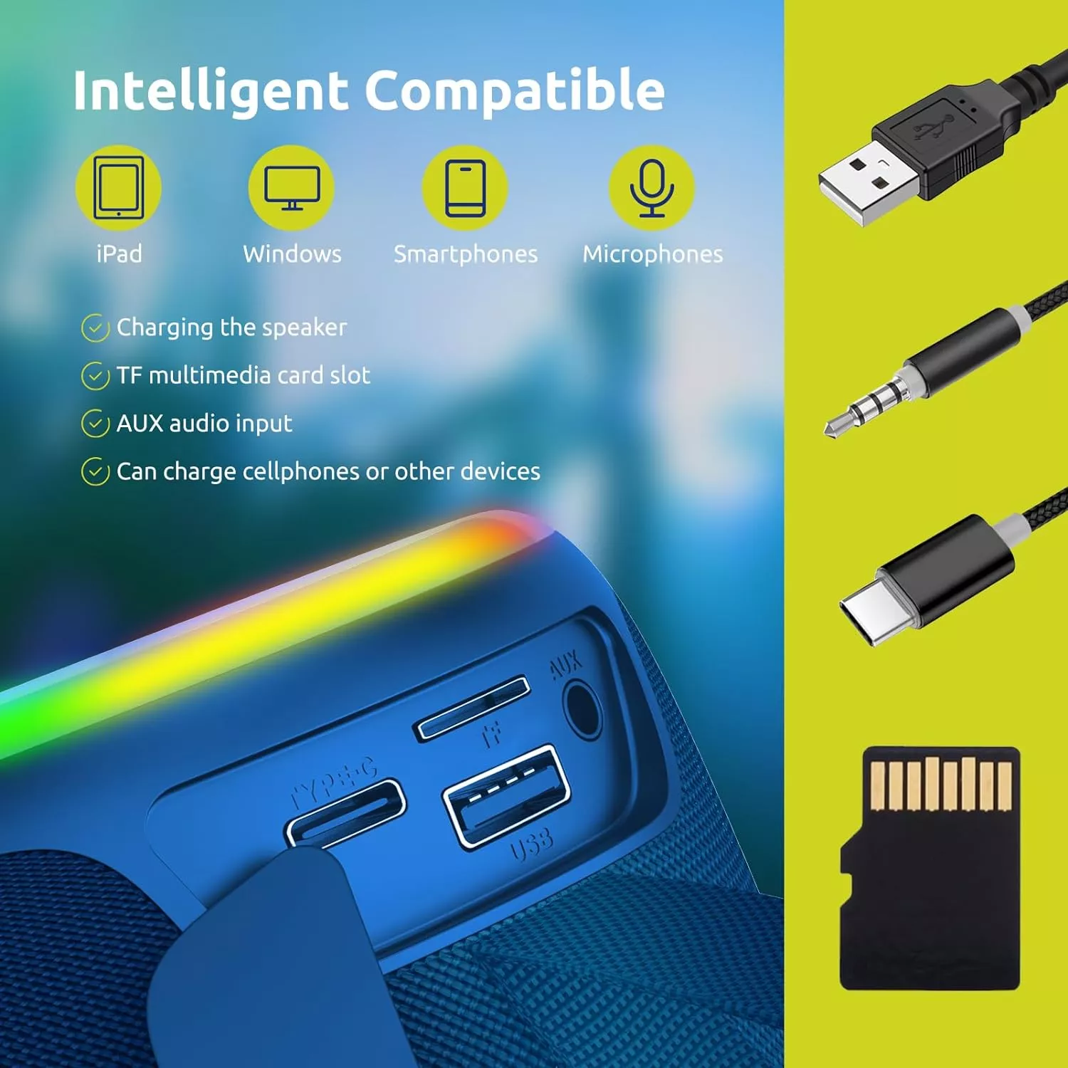 Portable Bluetooth Speaker with LED Lights, Waterproof, FM Receiver, TWS Pairing - Image 3