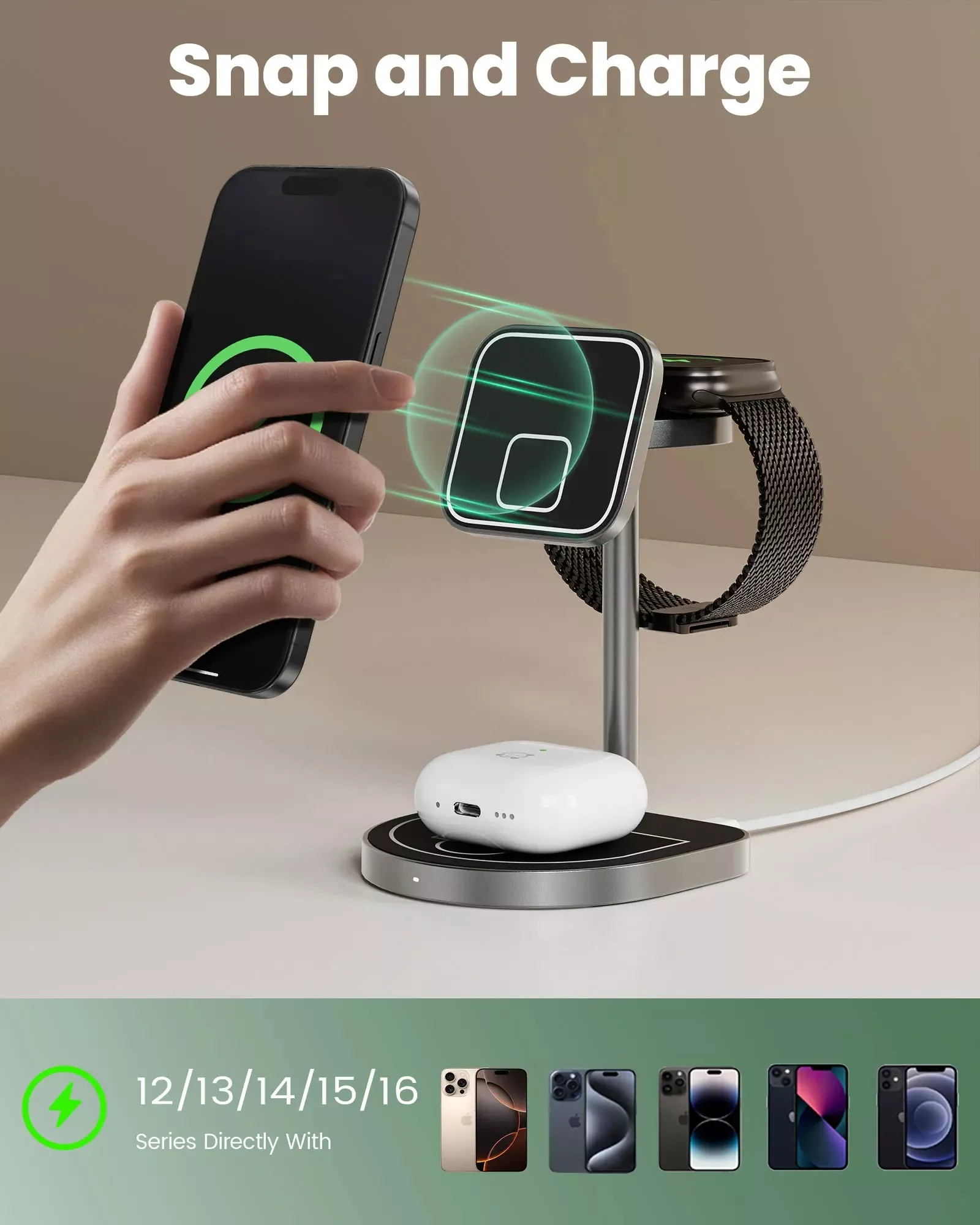 3-in-1 Magnetic Wireless Charging Stand for iPhone, Apple Watch & AirPods - Image 2
