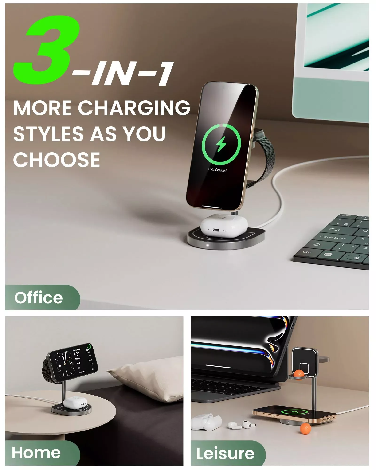 3-in-1 Magnetic Wireless Charging Stand for iPhone, Apple Watch & AirPods - Image 3