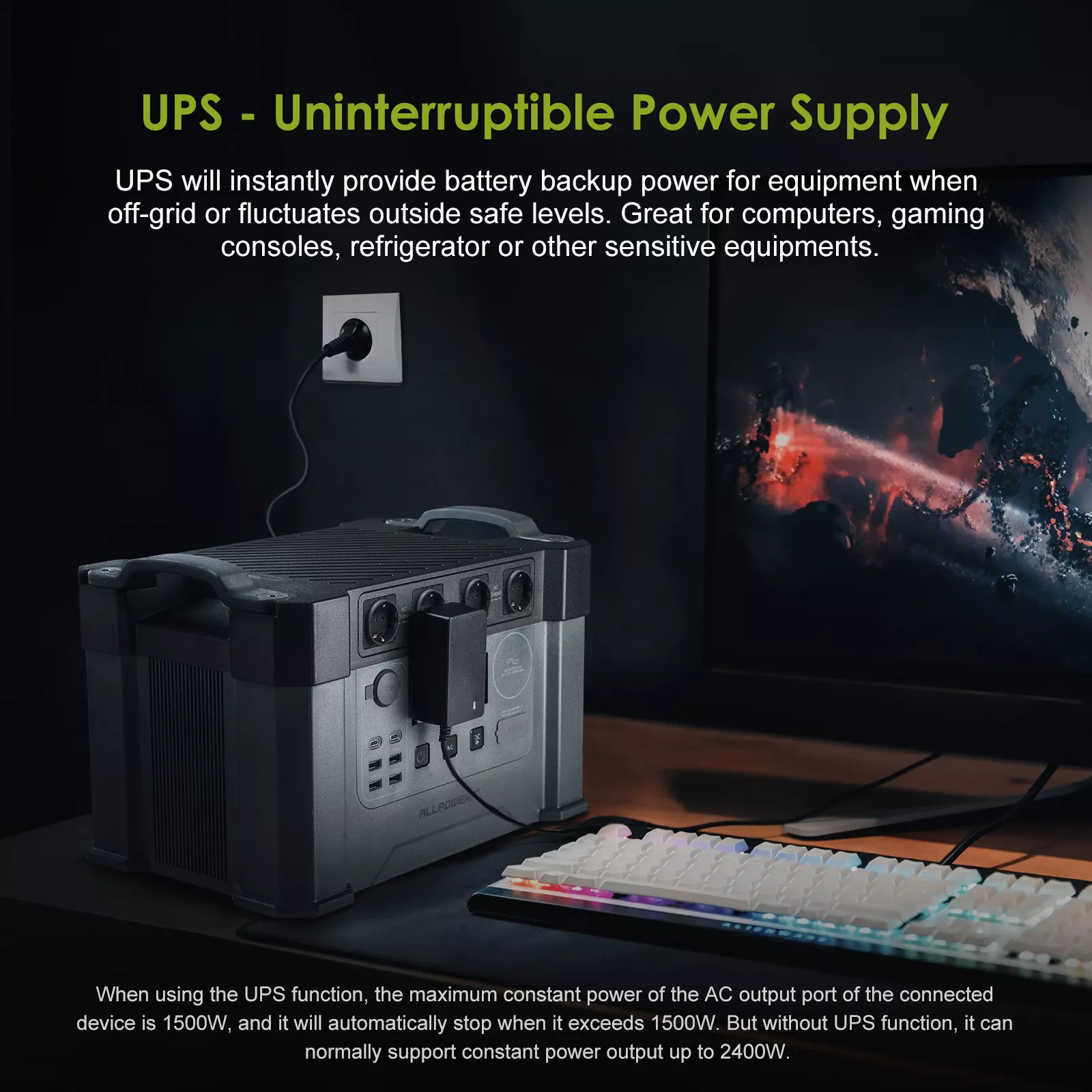 1500Wh Portable Power Station, 2000W Solar Generator with UPS Function for Home Backup - Image 2