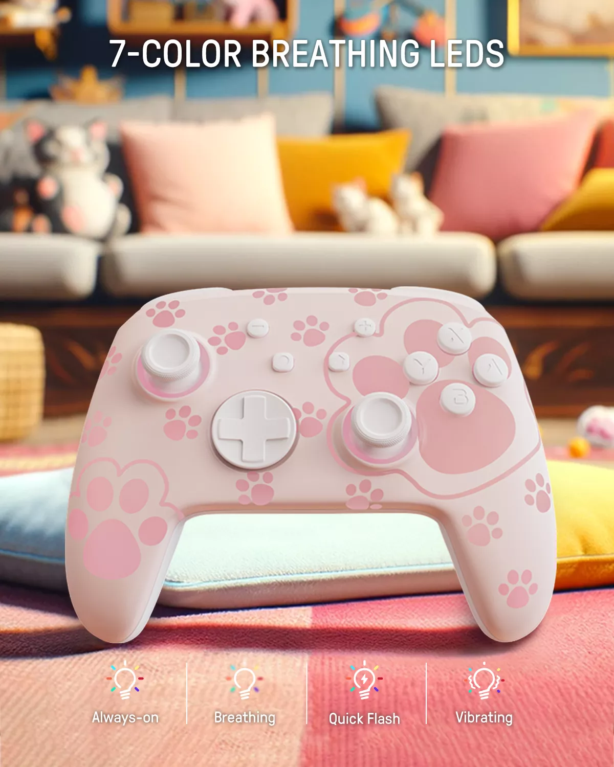 Pink Cat Paw LED Nintendo Switch Pro Controller - Wireless, Turbo, 7 Colors - Image 2