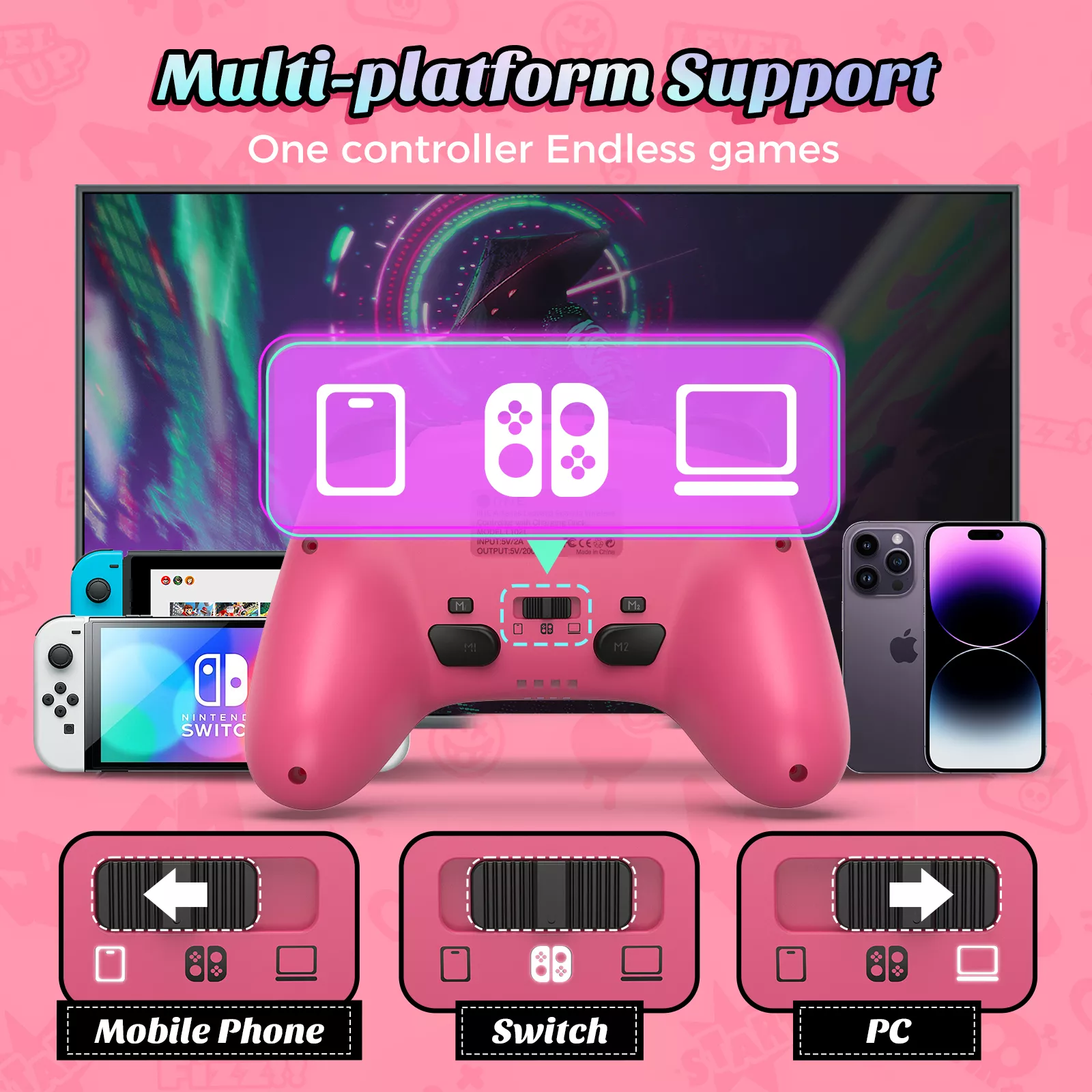 Pink Wireless Controller with Charging Dock for Nintendo Switch - Image 6
