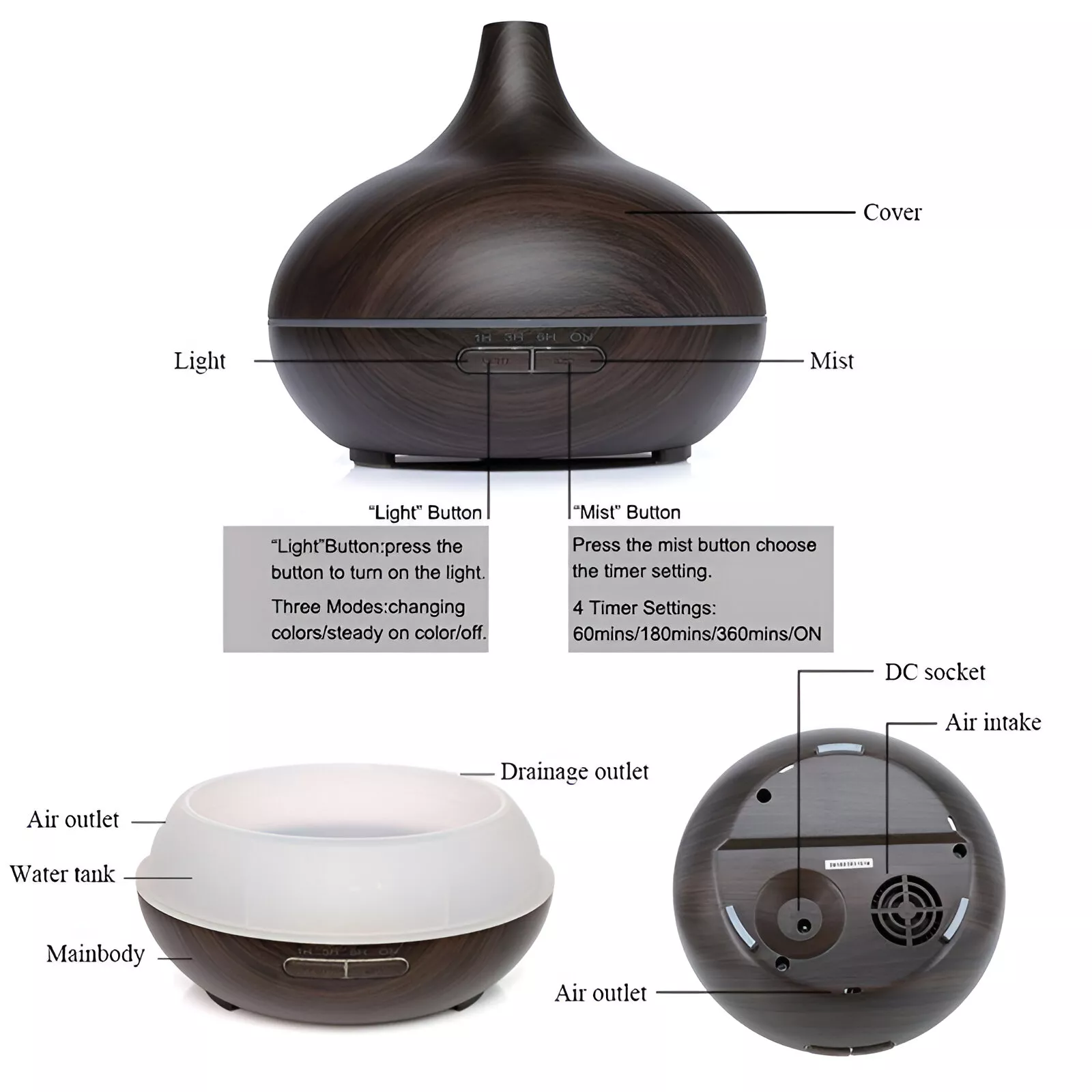 300ml Essential Oil Diffuser and Humidifier with Ultrasonic Mist and LED Light - Image 6