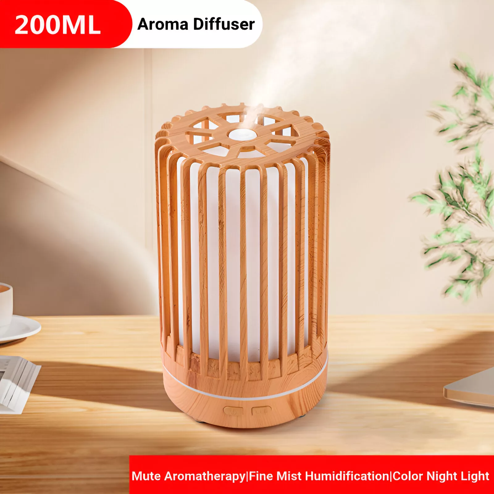 200ml Wood Grain Essential Oil Diffuser with Remote Control, USB Humidifier & LED Light - Image 2