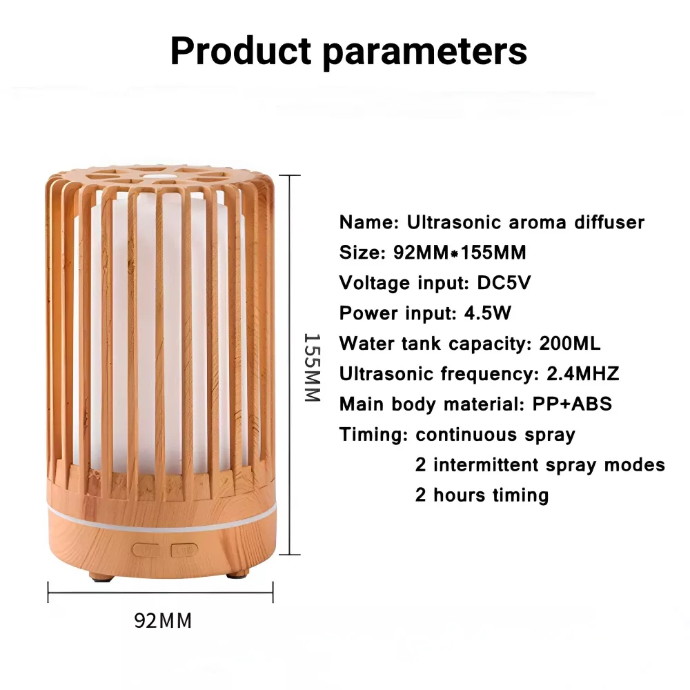 200ml Wood Grain Essential Oil Diffuser with Remote Control, USB Humidifier & LED Light - Image 5