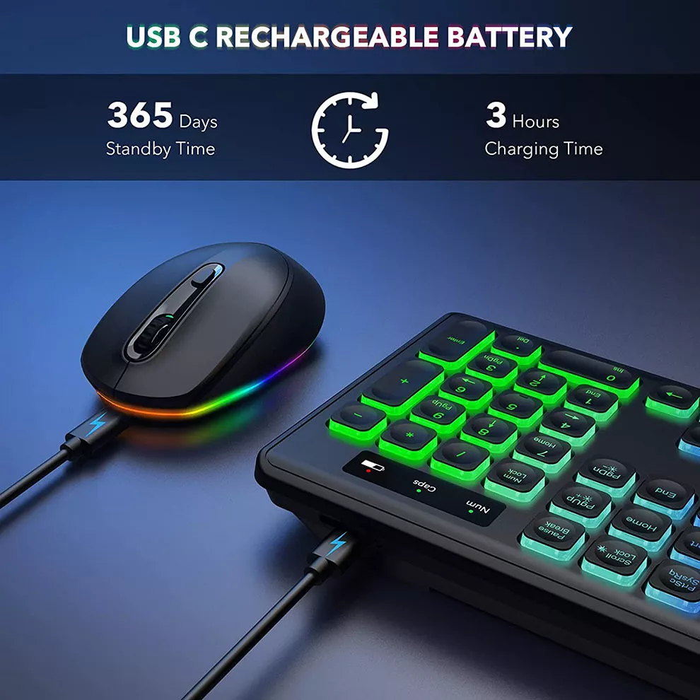 Wireless Backlit Keyboard and Mouse Combo - Rechargeable USB Cordless Set - Image 2