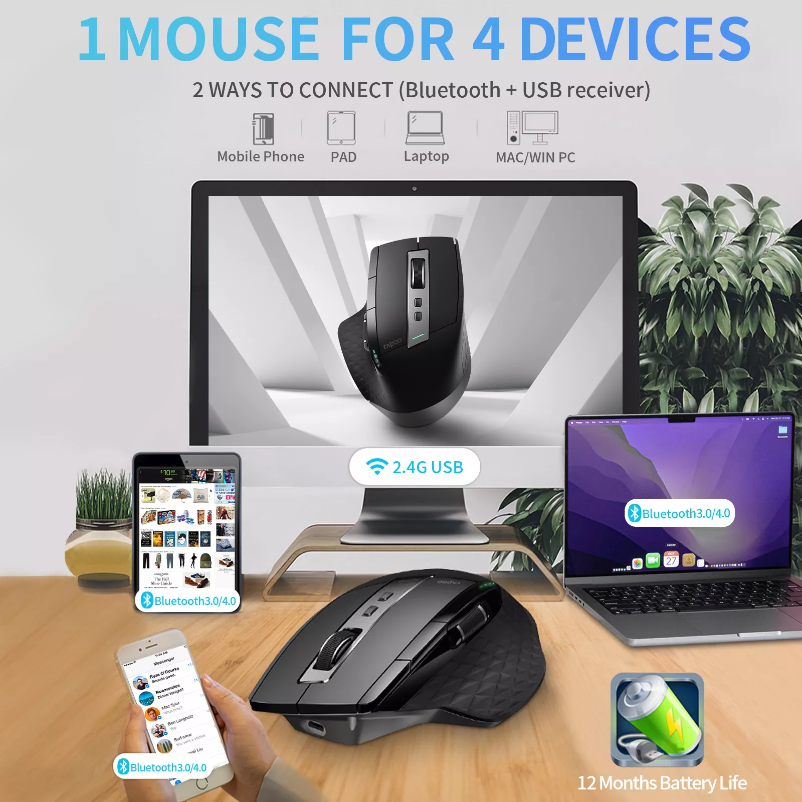 Multi-Device Rechargeable Wireless Ergonomic Mouse with Laser Precision - Image 5