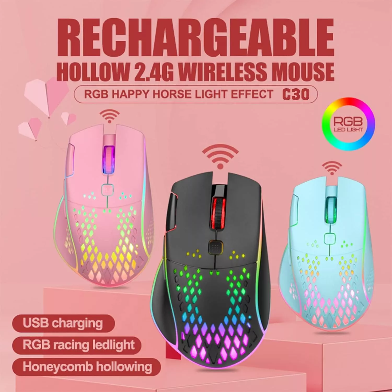 Rechargeable RGB Wireless Honeycomb Gaming Mouse - Image 2