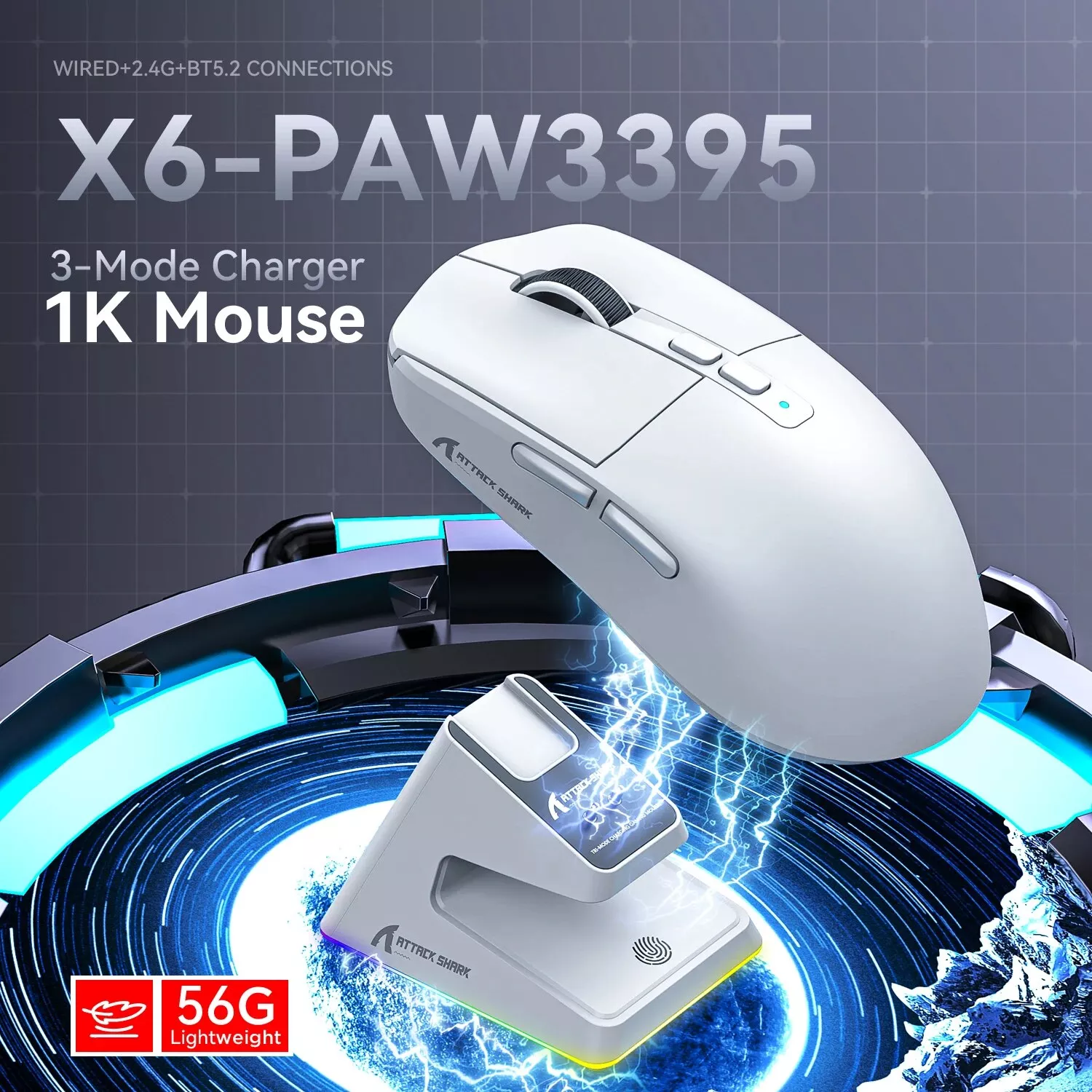 X6 Lightweight Wireless Gaming Mouse, 3 Modes, Up to 26K DPI, RGB, Rechargeable - Image 2