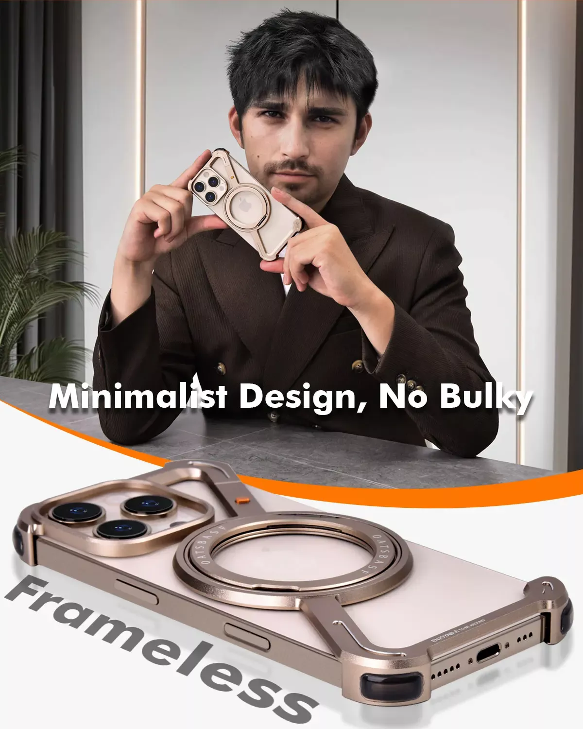 MagSafe Aluminum Frameless Phone Case for iPhone 16 Pro Max with 360° Ring Kickstand - Image 5