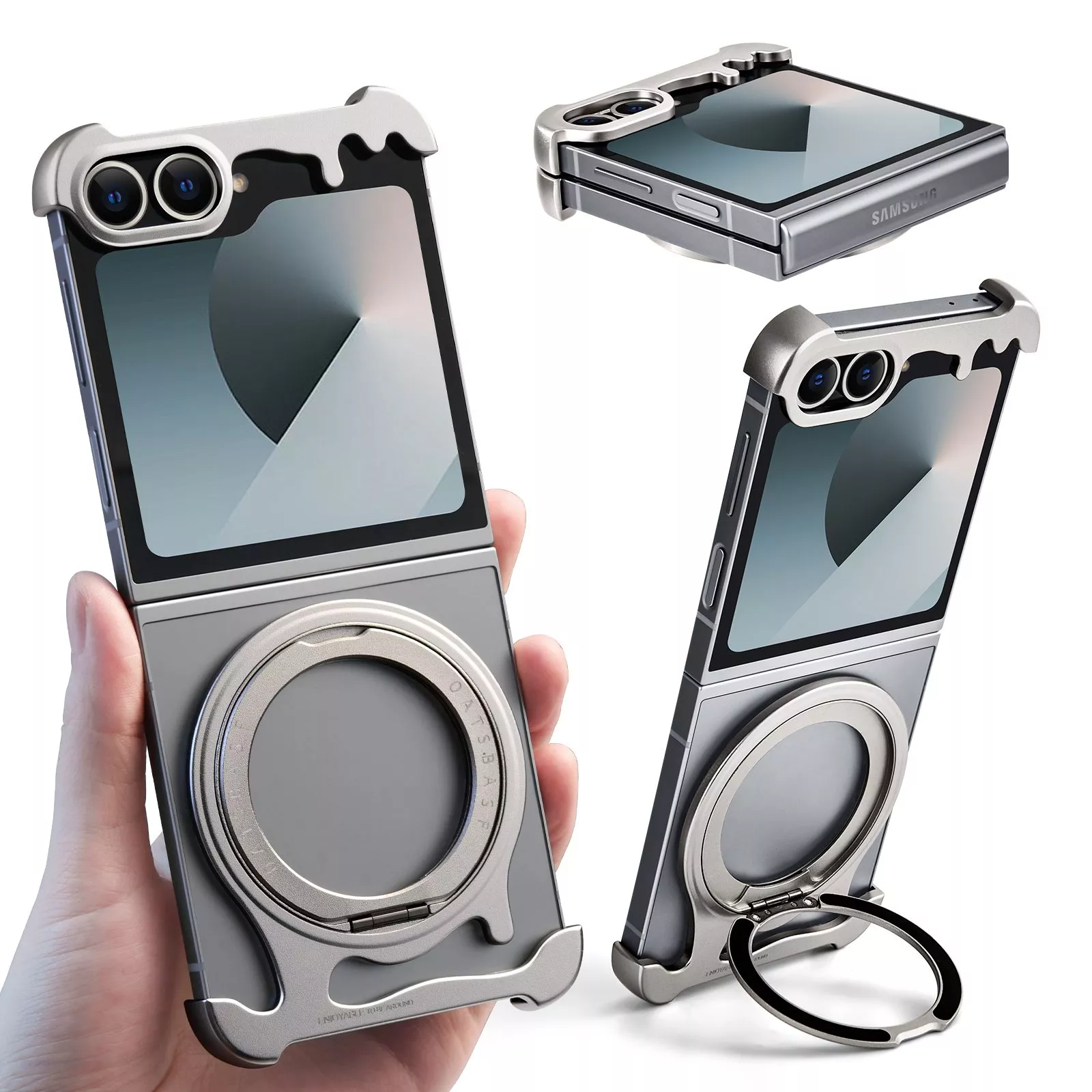 Metal Frameless Phone Case for Samsung Galaxy Z Flip 6 with 360° Rotatable Stand and MagSafe